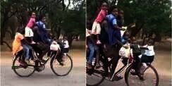 Aksi Viral Pria Naik Sepeda Bonceng 9 Anaknya