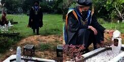Masih Pakai Toga, Tangis Pria Ini Pecah Saat Pegang Ijazah S3 di Samping Makam Ibu