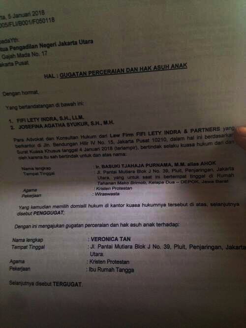 Surat gugatan cerai Ahok pada Veronica Tan