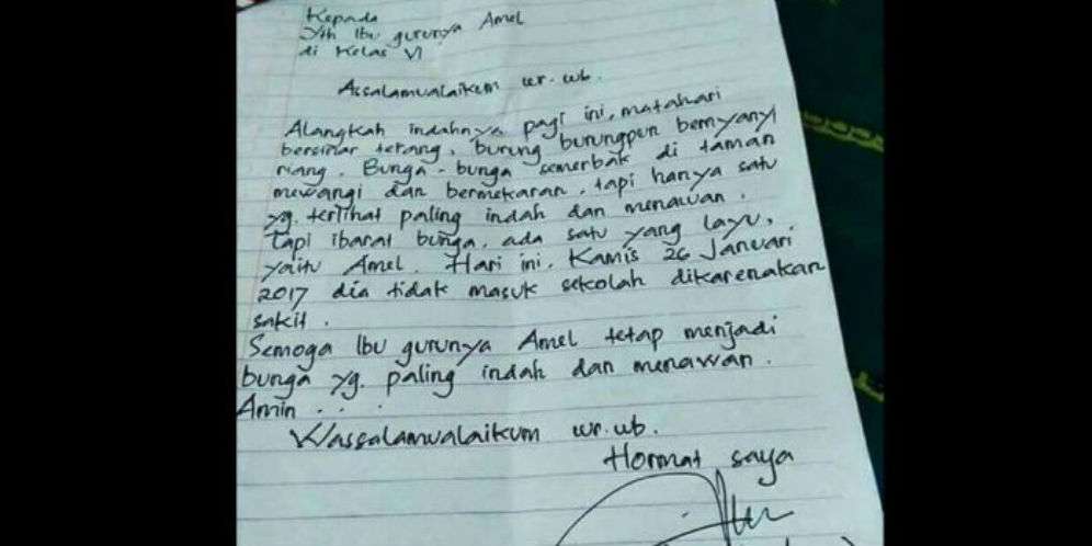 Surat Ayah Amel untuk Ibu Guru Jadi Viral, Isinya Bikin Ngakak