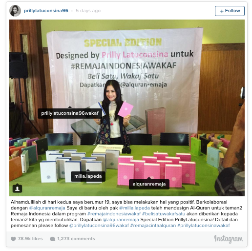 Kreasi Alquran Prilly Latuconsina Ajak Anak-anak Muda Beramal