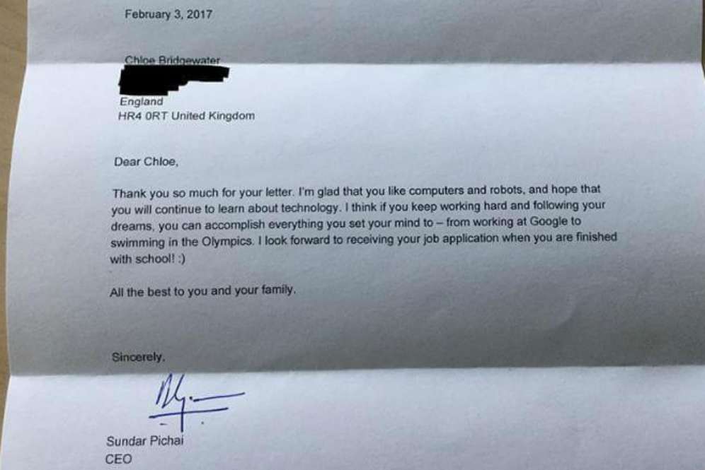 Surat balasan dari CEO Google untuk Chloe