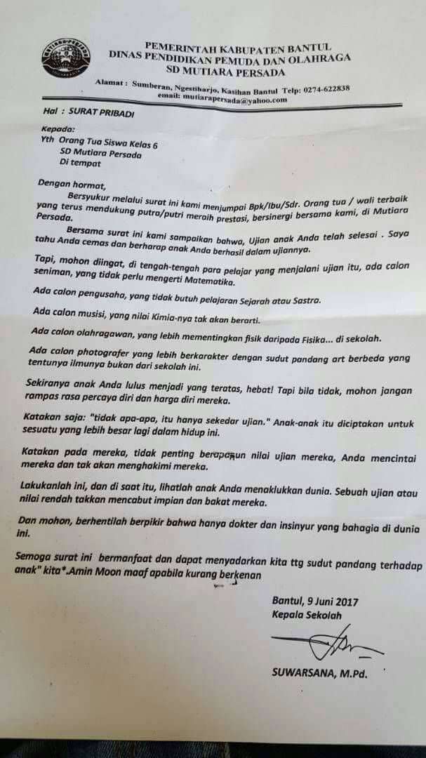Surat yang diberikan Suwarsana kepada orang tua siswa