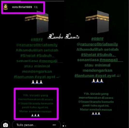 pesan roro fitria untuk ustaz Riza Muhammad