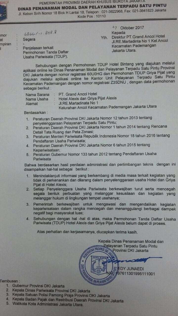 Surat penolakan izin Alexis