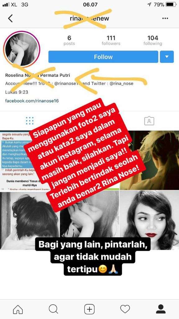 Rina Nose marah dengan akun palsu.