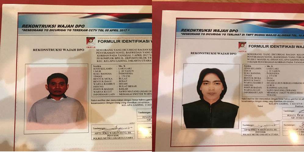 Sketsa pelaku penyiraman air keras ke Novel Baswedan