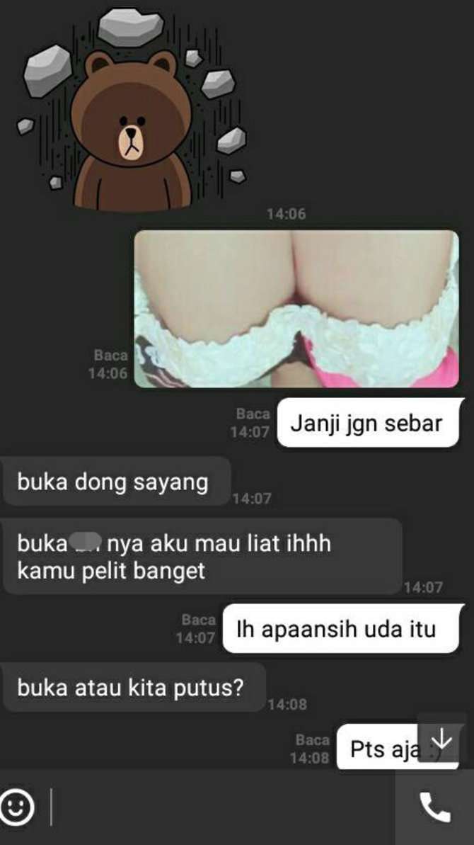 Hingga pada percakapan selanjutnya sang pacar pun mencoba membujuknya dengan janji tidak akan menyebarkan foto bagian tertutup Feli yang diminta itu.