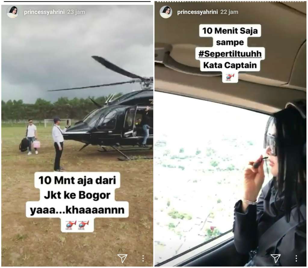 syahrini naik heli ke bogor