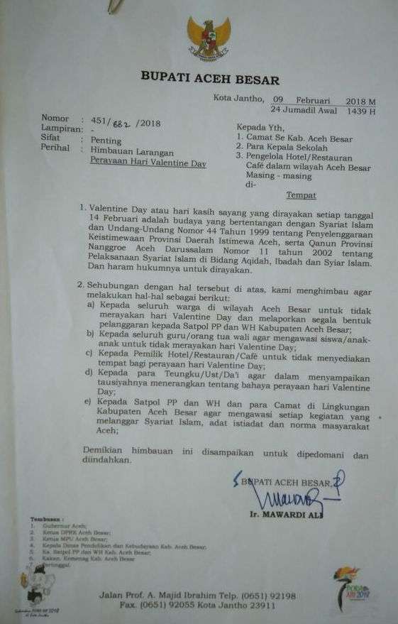 Surat larangan perayaan Valentin Day Bupati Aceh Besar 2018