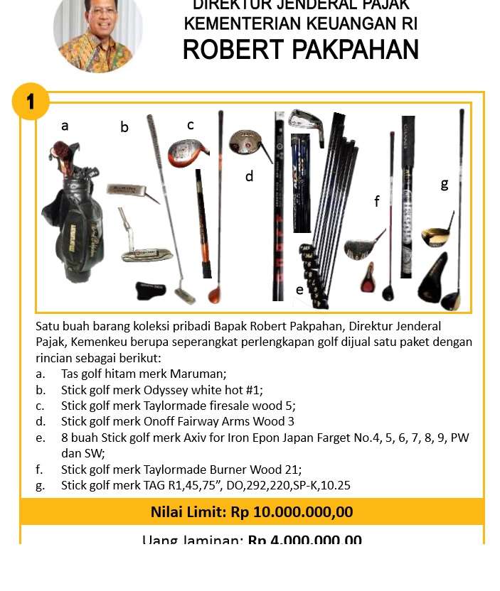 Satu set peralatan golf milik Robert Pakpahan.
