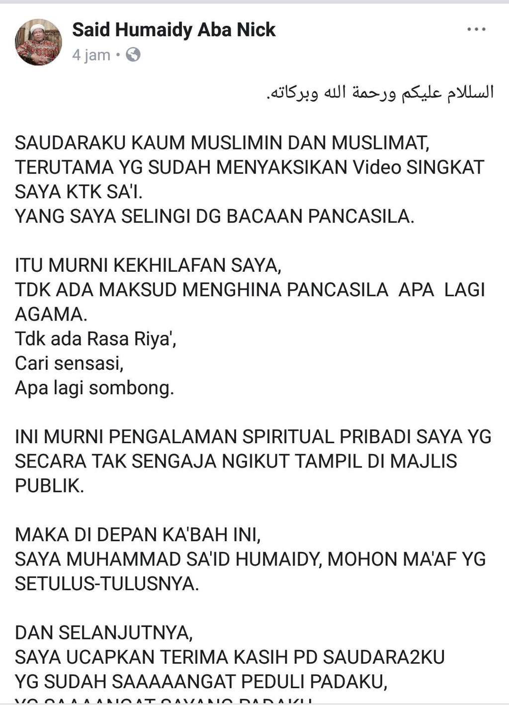 Permintaan maaf Humaidy yang sempat beredar di laman media sosial