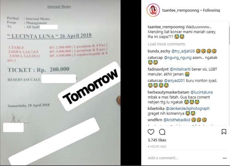 harga tiket Lucinta Luna