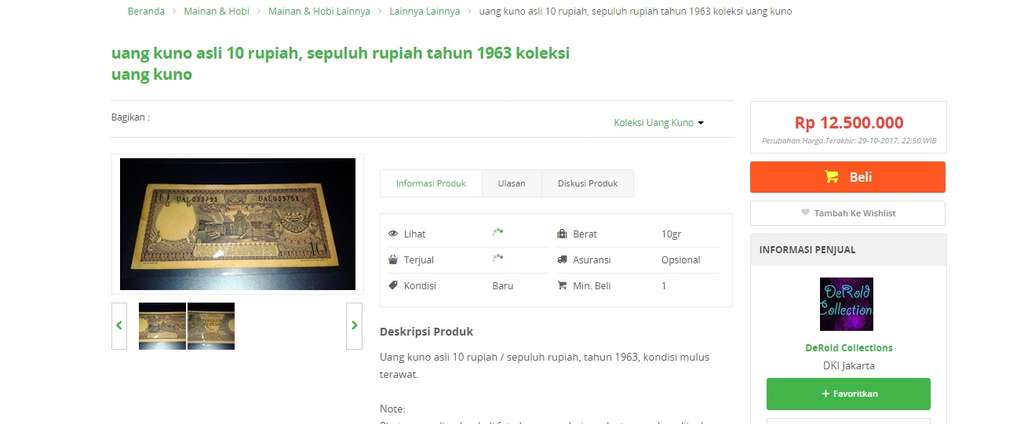 Penampakan uang Rp10 dijual Rp12,5 juta.