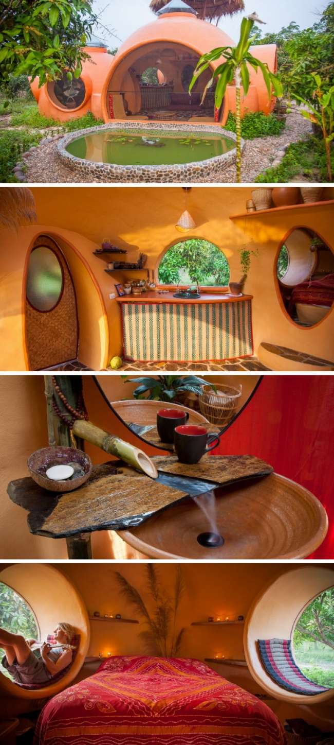 Interior rumah dome bercat oranye.