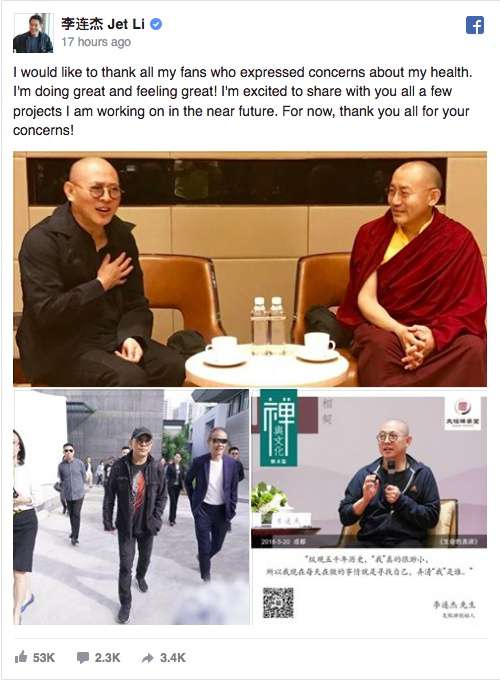 Jet Li tepis kabar soal kesehatannya yang melemah