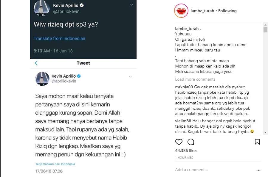 Kevin Aprilio meminta maaf kepada Habib Rizieq.