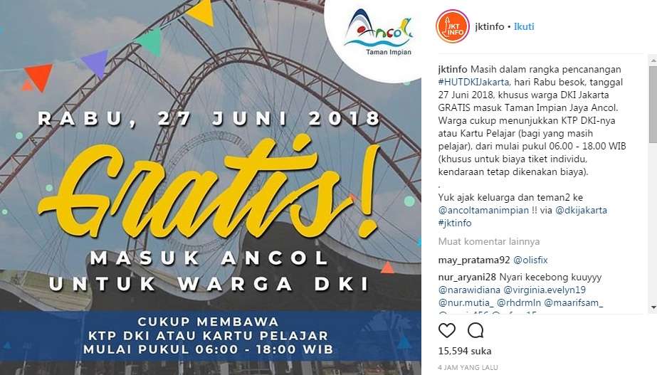 Besok, masyarakat Jakarta gratis masuk Ancol. Besok, masyarakat Jakarta gratis masuk Ancol.