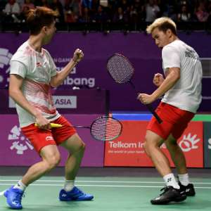 Indonesia melawan Jepang di laga bulutangkis Asian Games 2018.