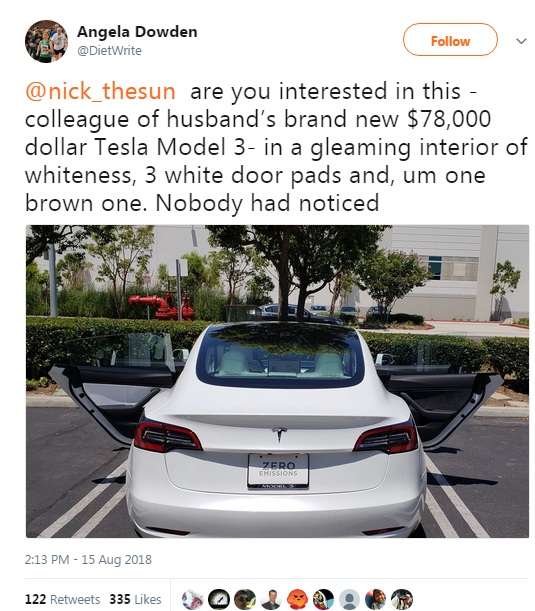 Mobil Tesla beda warna pintu.