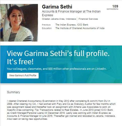 Akun LinkedIn Garima Sethi.