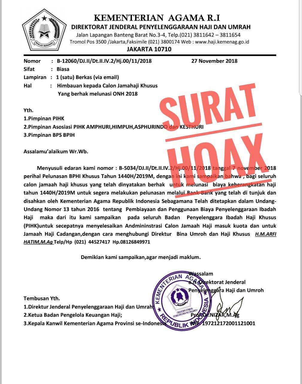 Surat hoaks pelunasan BPIH 2019