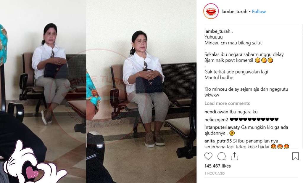Perempuan mirip Iriana Jokowi duduk di ruang tunggu pesawat