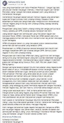 Reaksi pejabat Kemenkeu terhadap ucapan Prabowo Subianto.