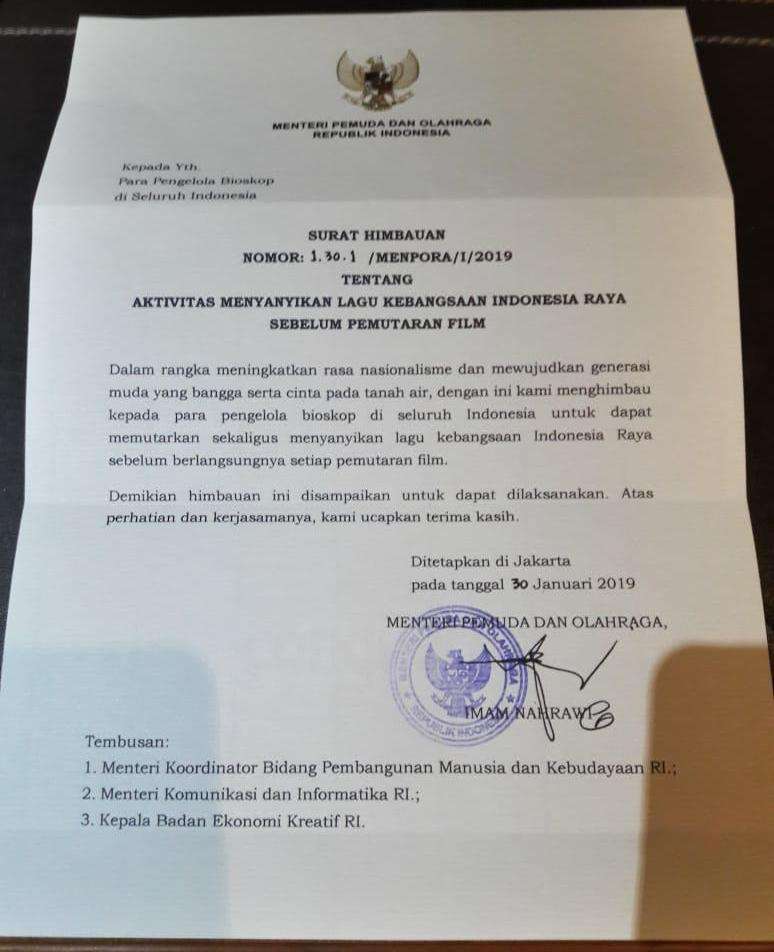 Surat edaran Menpora soal nyanyikan lagu Indonesia Raya di bioskop