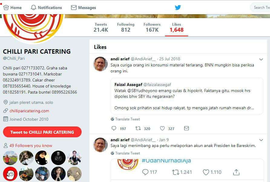 Gibran menyukai cuitan Andi Arief Twitter/@chilli_pari