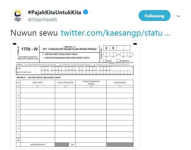 Kaesang diminta memasukkan daftar harta dalam formulir SPT tahunan.