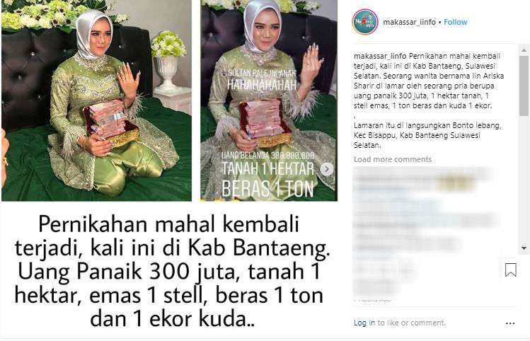 Panai yang diberikan kepada Iin (Instagram @makassar_iinfo)