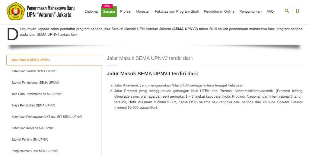 Laman UPN Veteran Jakarta