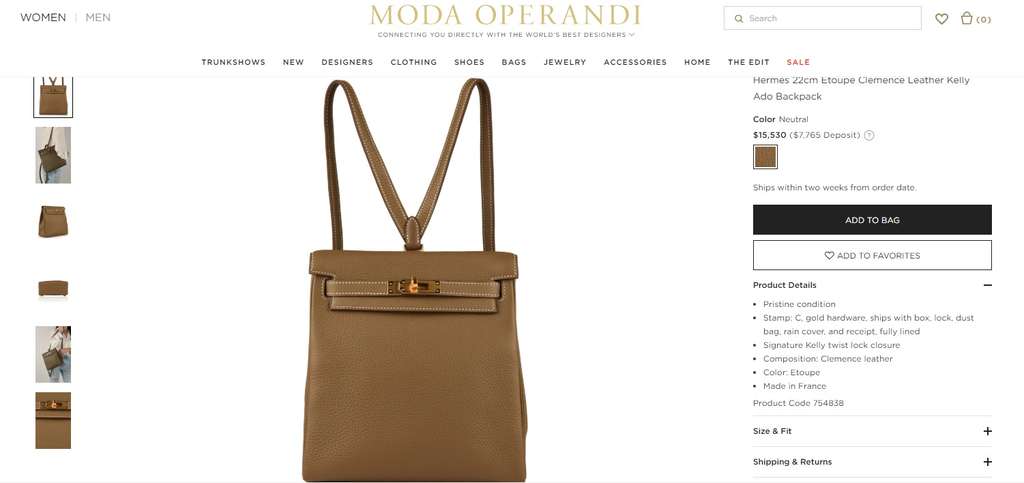 Hermes seri Etoupe Clemence Leather Kelly Ado Backpack 22cm