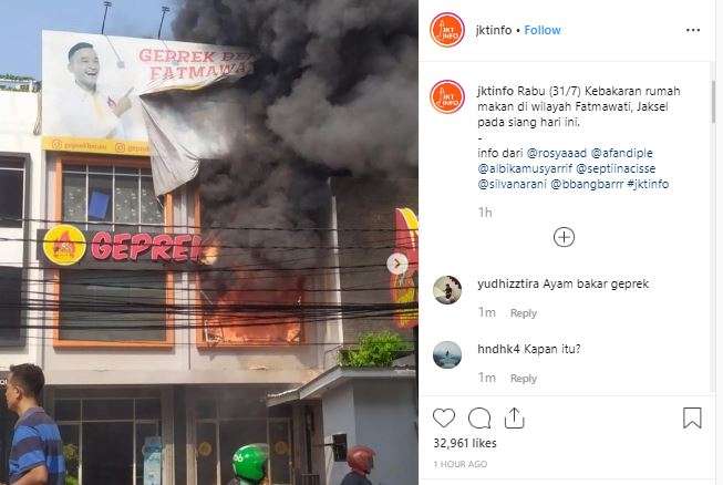 Kebakaran Kedai Ayam Geprek Bensu (Foto: Instagram)