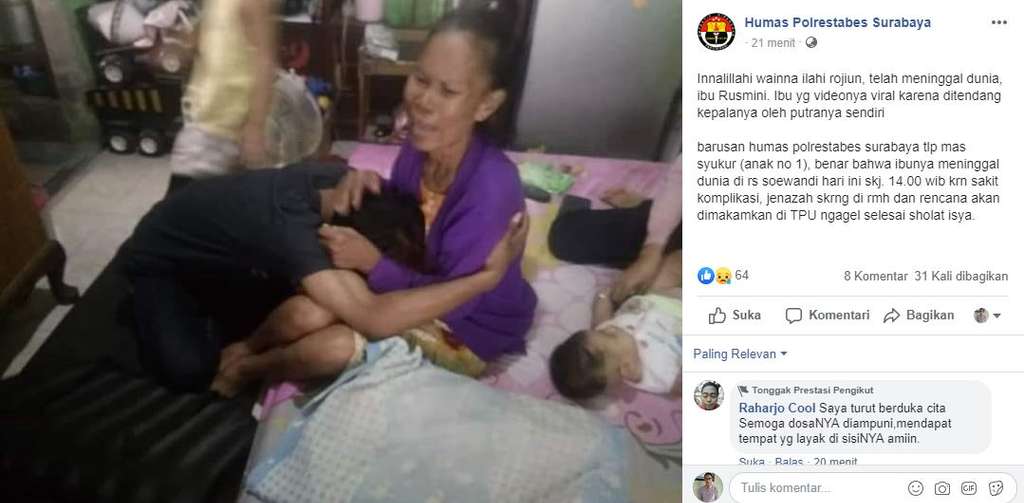 Rusmini dikabarkan meninggal dunia (Foto: Facebook Humas Polrestabes Surabaya)