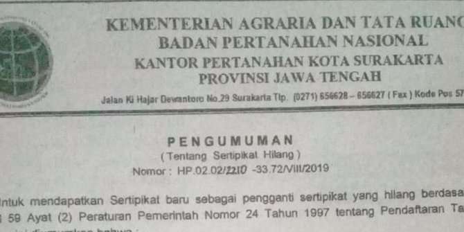 Surat kehilangan sertifikat tanah Jokowi