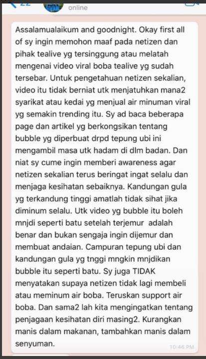 Meminta maaf soal boba bubble tea yang mengeras di dalam perut.