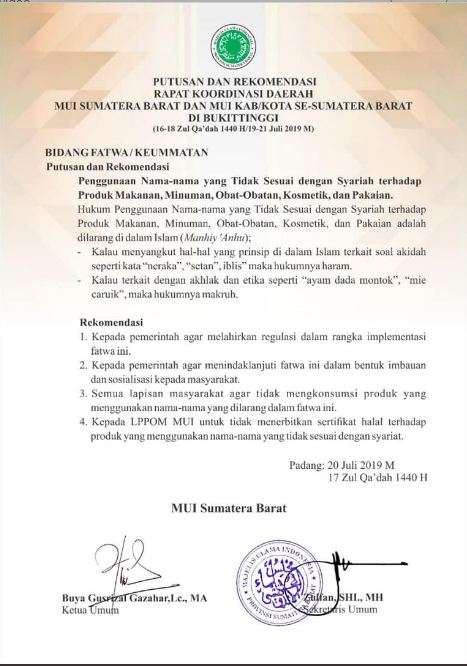 Fatwa Nama Makanan MUI Sumbar