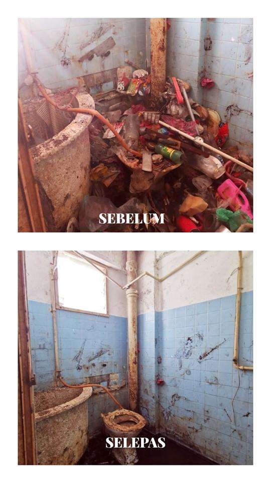 Kondisi kamar mandi sebelum dan sesudah dibersihkan.