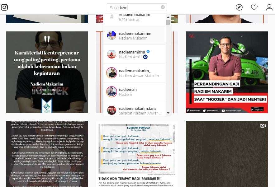 Pencarian akun Nadiem Makariem di Instagram