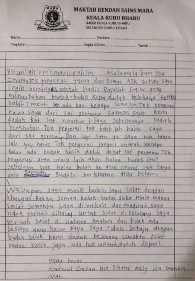 Surat terbuka dari anak 8 tahun usai diusir dari shaf pertama.
