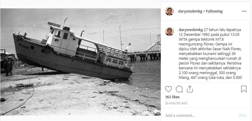 Kapal terhempas karena tsunami (Foto: Instagram @daryono)