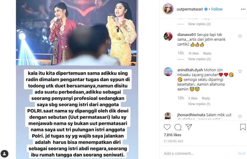 Unggahan Uut Permatasari Soal Dewi Perssik
