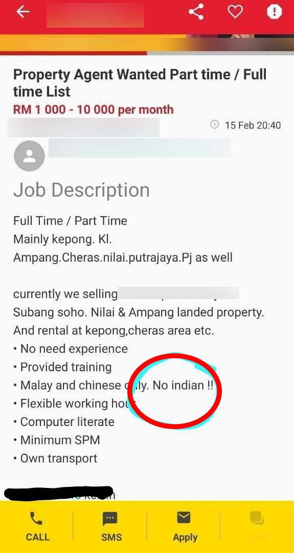 Lowongan kerja berbau rasis.