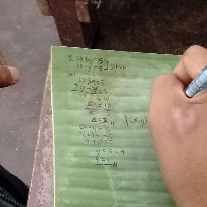 Erlande Monter menggunakan daun pisang sebagai buku tulisnya.
