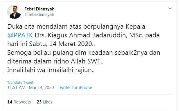 Kepala PPATK Meninggal dunia