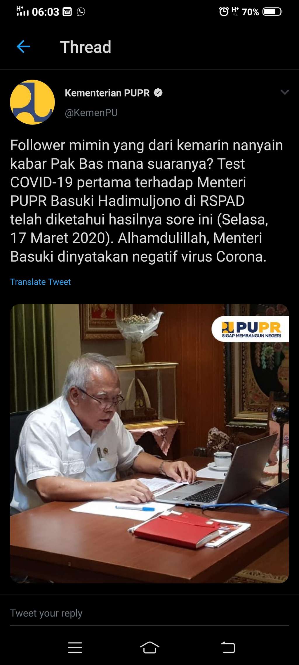 Menteri PUPR, Basuki Hadimuljono, negatif corona.