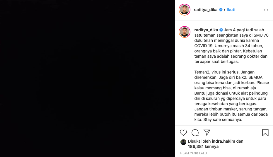 Teman Raditya Dika jadi Korban Covid-19