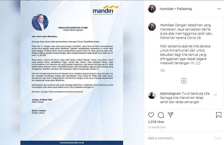 Kepala Cabang Bank Mandiri Jakarta Pondok Kelapa meninggal dunia karena corona.